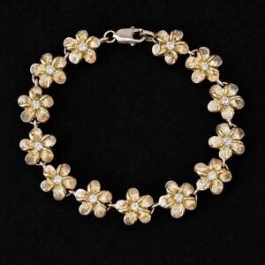 Vintage Sterling Silver 925 Plumeria Flower Link Bracelet CZ Two Tone 7 inch
